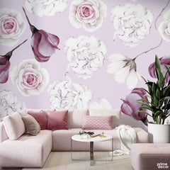 Tuscan Red & White Roses On Pink Background | Floral Wallpaper Mural - Prime Décor