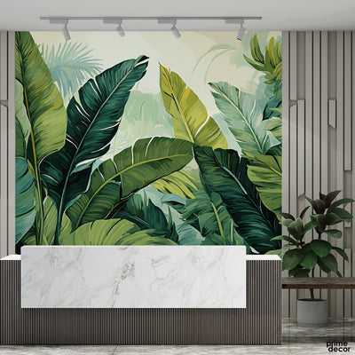 Green Exotic Leaves Over Light Background | Floral Wallpaper Mural