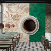 Coffee Cup Artwork With Beige & Green Background | Cafe Wallpaper Mural