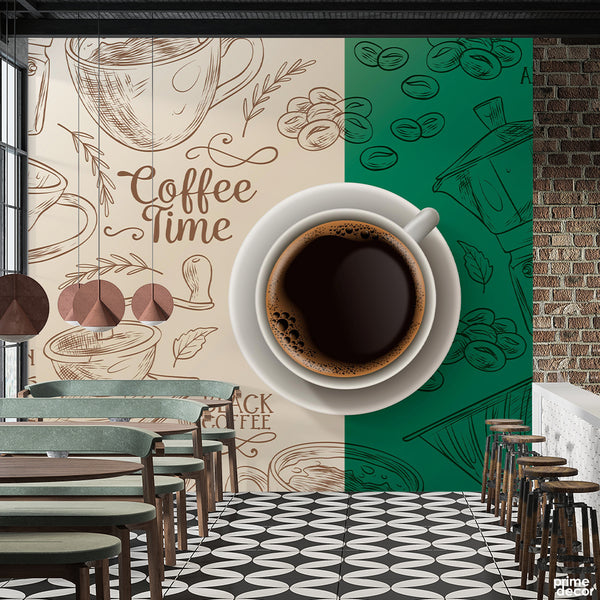 Coffee Cup Artwork With Beige & Green Background | Cafe Wallpaper Mural