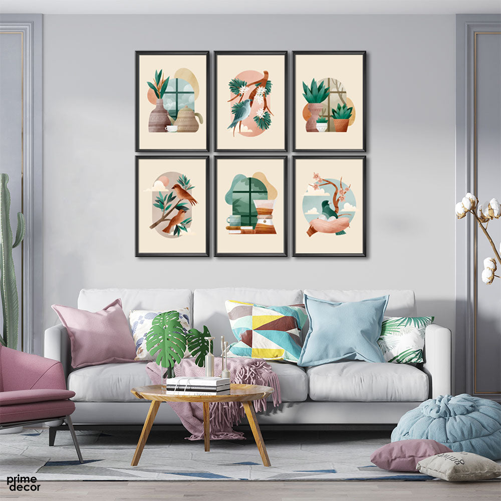 Brown & Teal Birds Collection (6 Panel) Animal Wall Art - Prime Décor