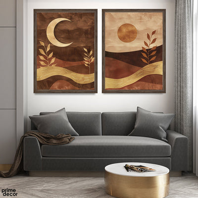 Abstract Gold & Brown Moon Art With Mountains (2 Panel) Abstract Wall Art