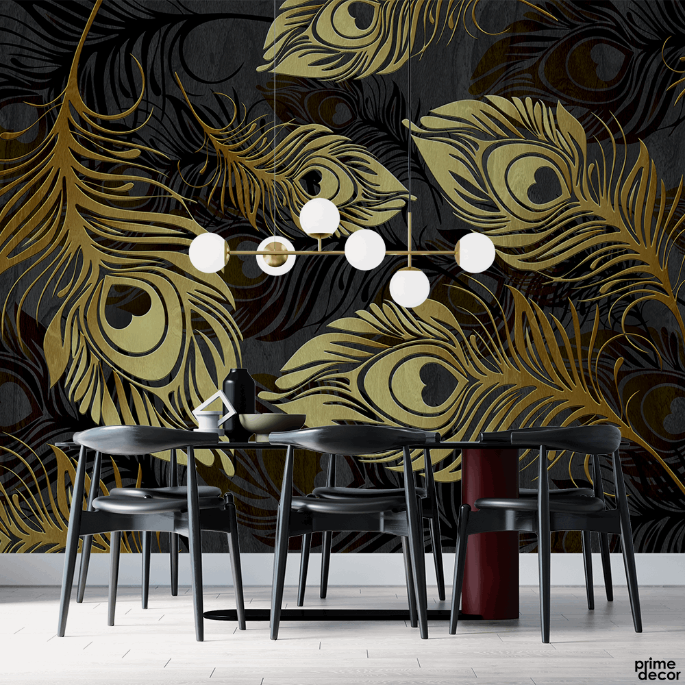 Abstract Golden Peacock Feathers| Wallpaper Mural - Prime Décor