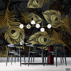 Abstract Golden Peacock Feathers| Wallpaper Mural - Prime Décor