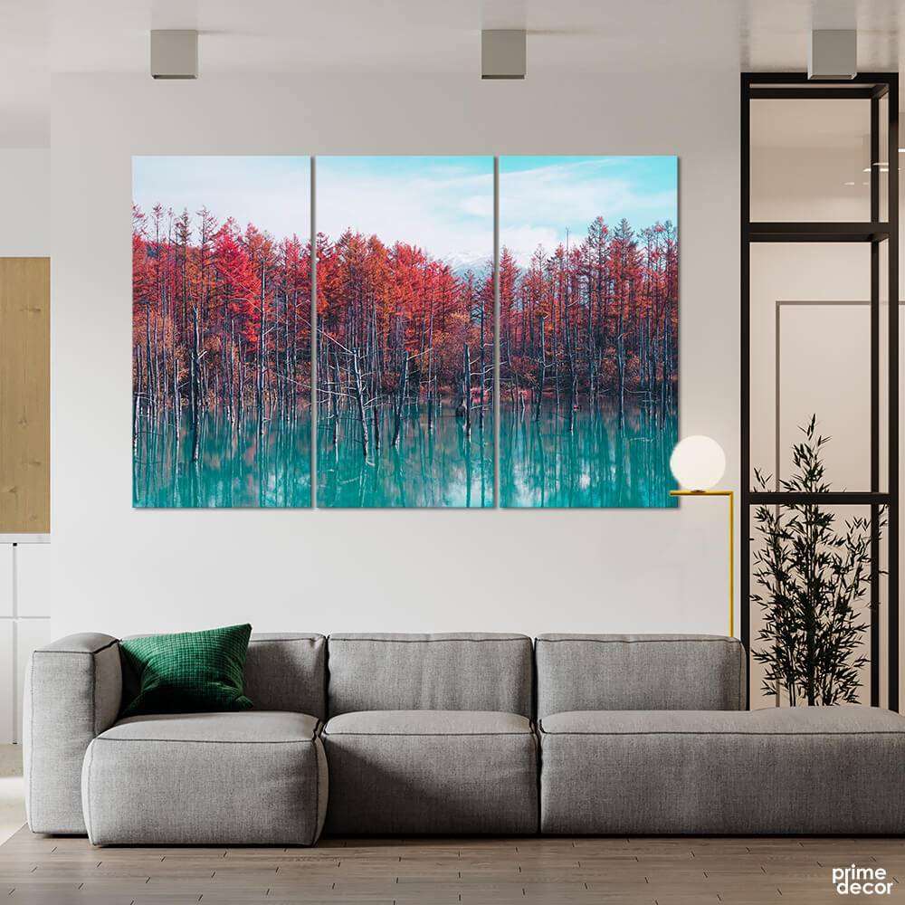 Autumn Red Forest in the Lake (3 Panel) Landscape Wall Art - Prime Décor