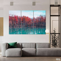 Autumn Red Forest in the Lake (3 Panel) Landscape Wall Art - Prime Décor
