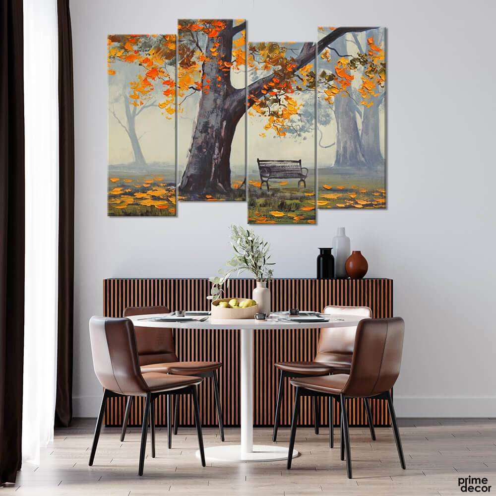 Bench Under Autumn Tree Oil Painting Design (4 Panel) Digital Painting Wall Art - Prime Décor
