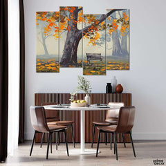 Bench Under Autumn Tree Oil Painting Design (4 Panel) Digital Painting Wall Art - Prime Décor
