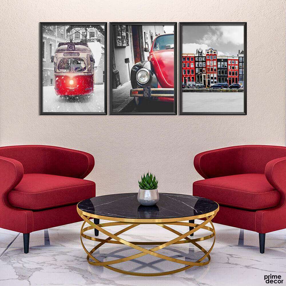 Black & Red Combo Vehicles (3 Panel) Cars Wall Art - Prime Décor