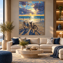 Golden Sunset Beach with Bicycles Seascape Style (Single Panel) Digital Painting Wall Art