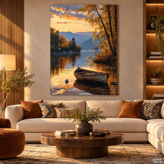 Golden Autumn Lake with Wooden Boat Landscape Style (Single Panel) Digital Painting Wall Art