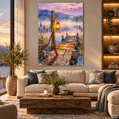 Misty Mountain Pier with Glowing Lantern Lakeside Style (Single Panel) Digital Painting Wall Art