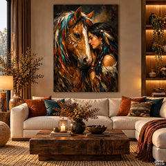 Native American Woman with Horse Portrait Style (Single Panel) Digital Painting Wall Art