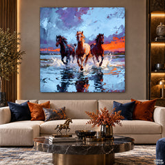 Three Wild Horses Running Through Water Sunset Style (Single Panel) Digital Painting Wall Art