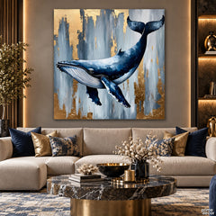 Majestic Blue Whale with Gold Abstract Accents Ocean Style (Single Panel) Digital Painting Wall Art