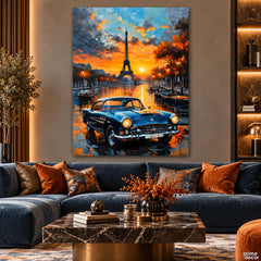 Vintage Blue Car by Eiffel Tower at Golden Sunset Parisian Style (Single Panel) Digital Painting Wall Art