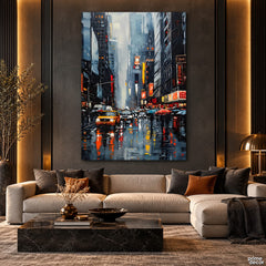Rainy New York City Street with Yellow Taxi Urban Style (Single Panel) Digital Painting Wall Art