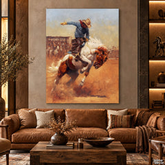 Cowboy Riding Bucking Horse Western Rodeo Style (Single Panel) Digital Painting Wall Art