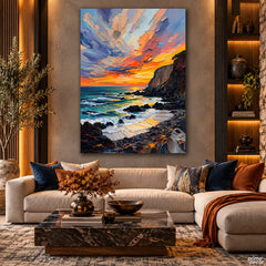 Dramatic Rocky Coastline at Vibrant Sunset Seascape Style (Single Panel) Digital Painting Wall Art