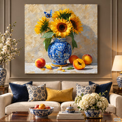 Golden Sunflowers in Blue and White Ceramic Vase Still Life Style (Single Panel) Digital Painting Wall Art