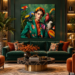 Elegant Woman Surrounded by Colorful Tropical Parrots Exotic Style (Single Panel) Digital Painting Wall Art