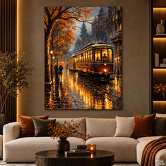 Vintage Tram on a Rainy Autumn Street (Single Panel) Digital Painting Wall Art