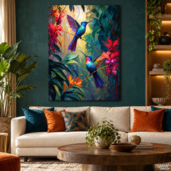 Colorful Hummingbirds in Bloom (Single Panel) Digital Painting Wall Art