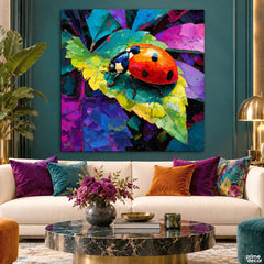 Crimson Ladybird on Leaves (Single Panel) Digital Painting Wall Art