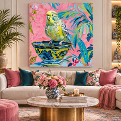 Colorful Parrot in Decorative Blue & Yellow Bowl Style (Single Panel) Digital Painting Wall Art