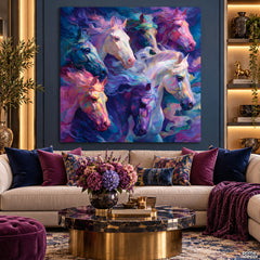 Ethereal Multicolored Horses in Dreamy Purple & Blue Hues Style (Single Panel) Digital Painting Wall Art