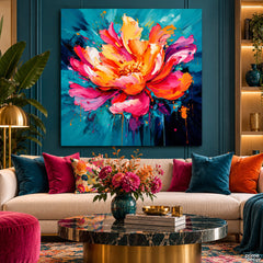 Vibrant Abstract Pink & Orange Bloom on Teal Background (Single Panel) Digital Painting Wall Art