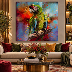 Green Parrot on Branch with Abstract Brush Strokes Style (Single Panel) Digital Painting Wall Art