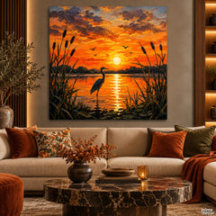 Majestic Heron by a Glowing Orange Sunset Lake Style (Single Panel) Digital Painting Wall Art (Single Panel) Digital Painting Wall Art