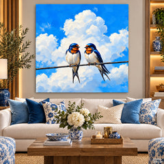 Blue & Orange Songbirds Perched Against a Cloudy Sky Style (Single Panel) Digital Painting Wall Art