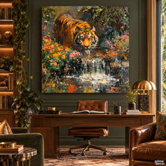 Majestic Bengal Tiger in a Vibrant Floral Forest Stream Style (Single Panel) Digital Painting Wall Art