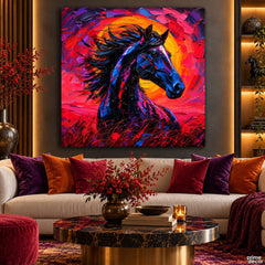 Electric Blue Horse Portrait Against Fiery Red & Orange Background Style (Single Panel) Digital Painting Wall Art