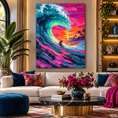 Vibrant Tropical Wave with Surfer at Sunset Style (Single Panel) Digital Painting Wall Art