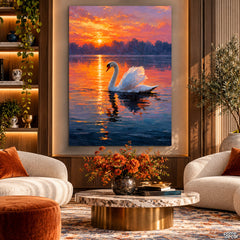 White Swan at Sunset on a Tranquil Lake Style (Single Panel) Digital Painting Wall Art