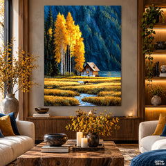 Golden Autumn Cabin by the Forest Lake Style (Single Panel) Digital Painting Wall Art