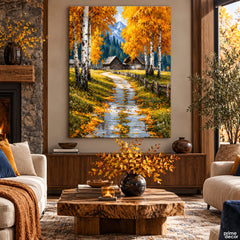 Autumn Woodland Path to Rustic Mountain Cabins (Single Panel) Digital Painting Wall Art