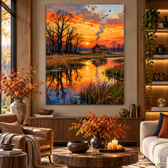 Rustic Lakeside Cabin Under a Fiery Sunset Style (Single Panel) Digital Painting Wall Art