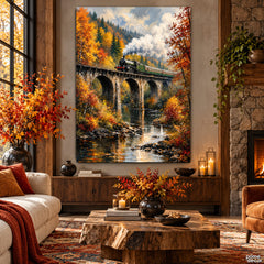 Vintage Steam Train Crossing a Stone Viaduct in Autumn (Single Panel) Digital Painting Wall Art
