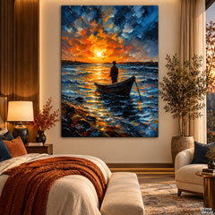 Lone Fisherman on a Golden Sunset Sea Style (Single Panel) Digital Painting Wall Art