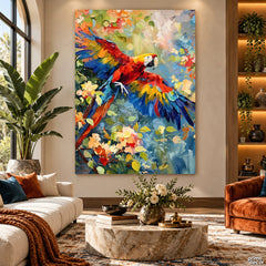 Scarlet Wings – Colorful Macaw in Flight (Single Panel) Digital Painting Wall Art