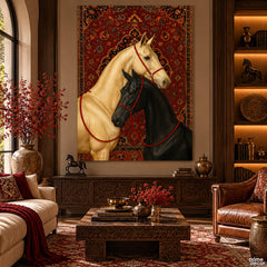 Elegant Horse Duo With Persian Carpet Background (Single Panel) Digital Painting Wall Art