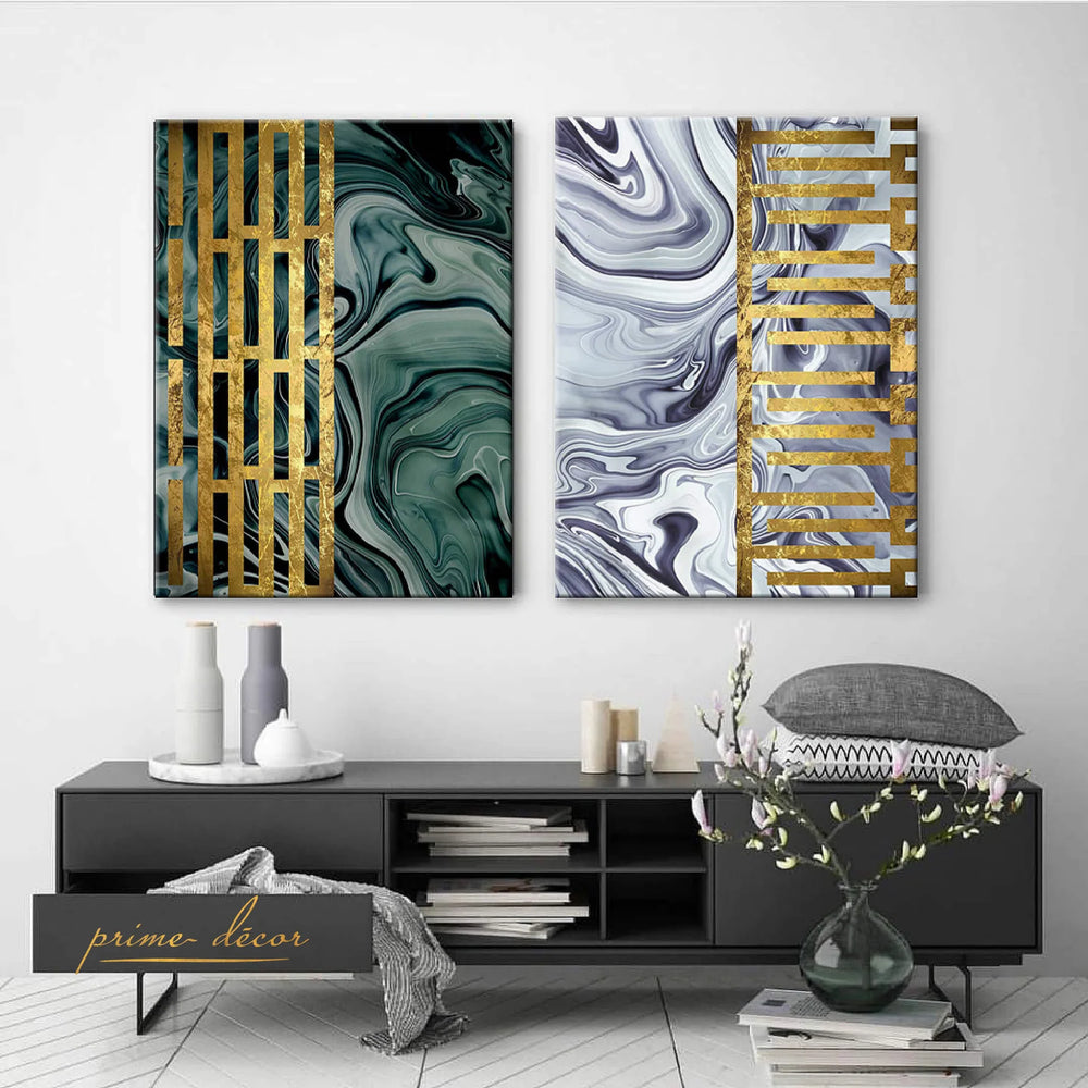 Green, Gold & White Fluid Style (2 Panel) Abstract Wall Art On Sale - Prime Décor