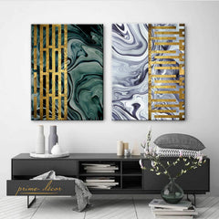 Green, Gold & White Fluid Style (2 Panel) Abstract Wall Art On Sale - Prime Décor