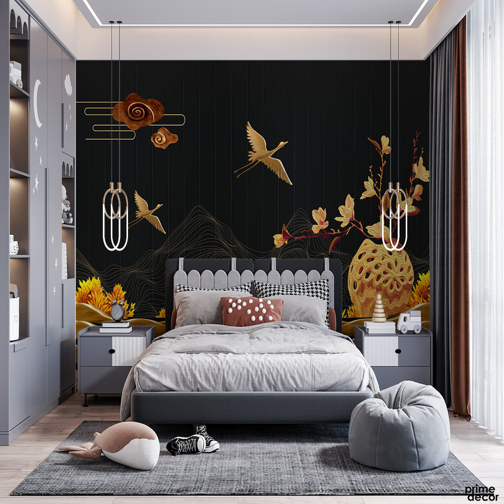 Japanese Golden Flying Birds | Wallpaper Mural - Prime Décor