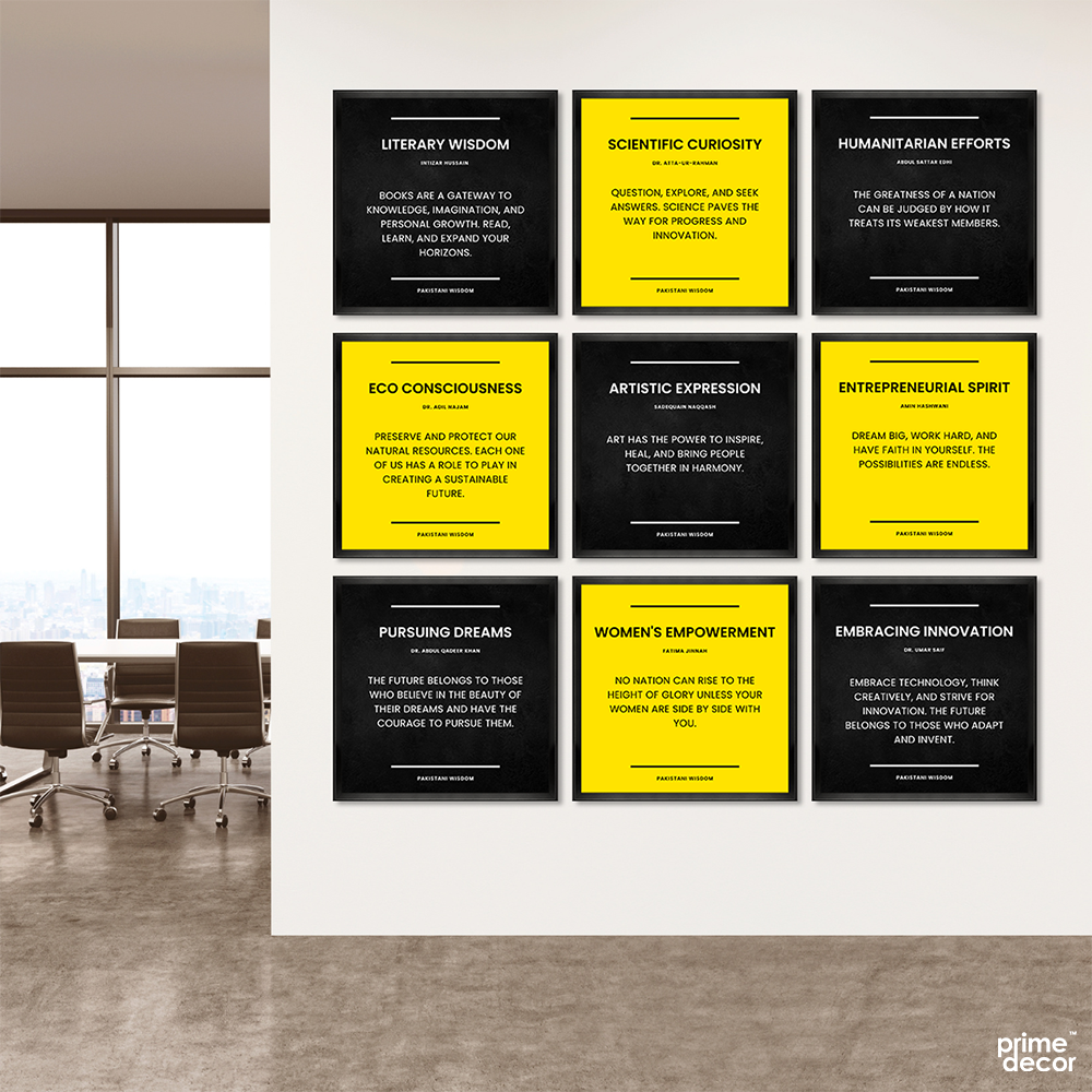 Pakistani Wisdom Quotes Black & Yellow (9 Panel) Motivational Wall Art - Prime Décor