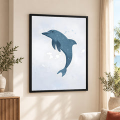 Blue Dolphin Over Silver Background | Abstract Animal Artwork #00107